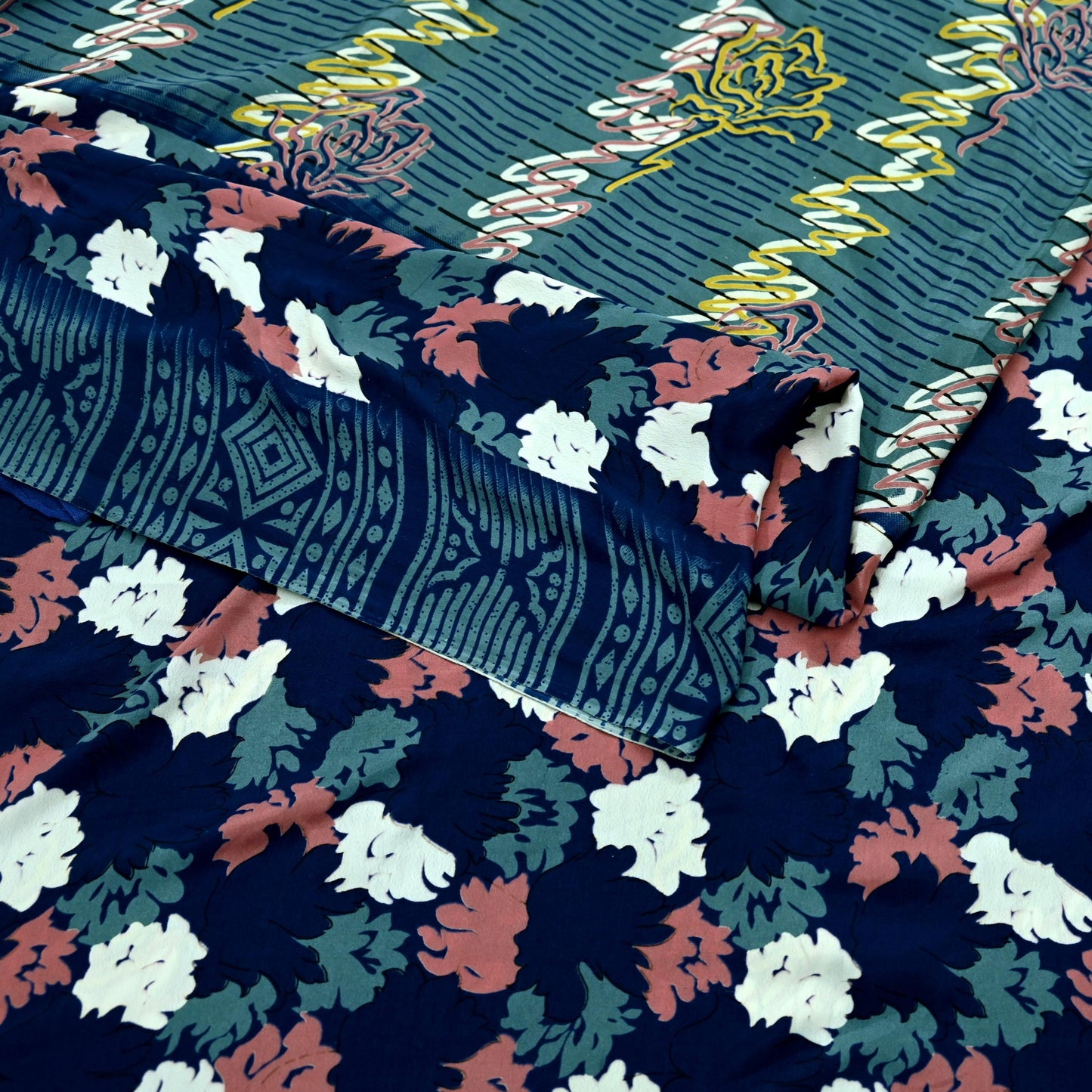 Indian Vintage Blue & Gray Sarees Moss Crepe Printed Sari 5yd Sewing Floral Soft Craft Fabric DressMaking For Crafting Quilting Upcycle