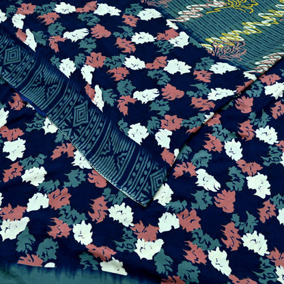 Indian Vintage Blue & Gray Sarees Moss Crepe Printed Sari 5yd Sewing Floral Soft Craft Fabric DressMaking For Crafting Quilting Upcycle