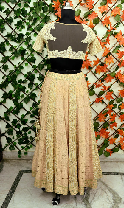 Indian Pre-owned Heavy Hand Embroidered Chikankari/Mukesh Lehenga/Dupatta/Choli 3pcs Set By Designer Abu Jani Pure Georgette Silk