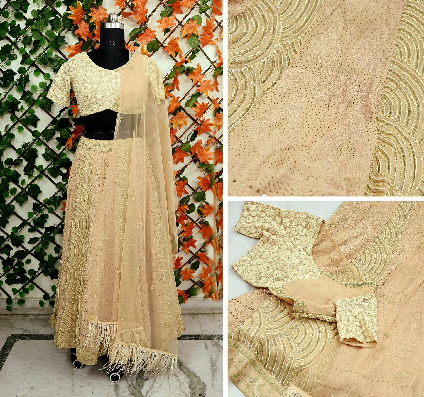 Indian Pre-owned Heavy Hand Embroidered Chikankari/Mukesh Lehenga/Dupatta/Choli 3pcs Set By Designer Abu Jani Pure Georgette Silk