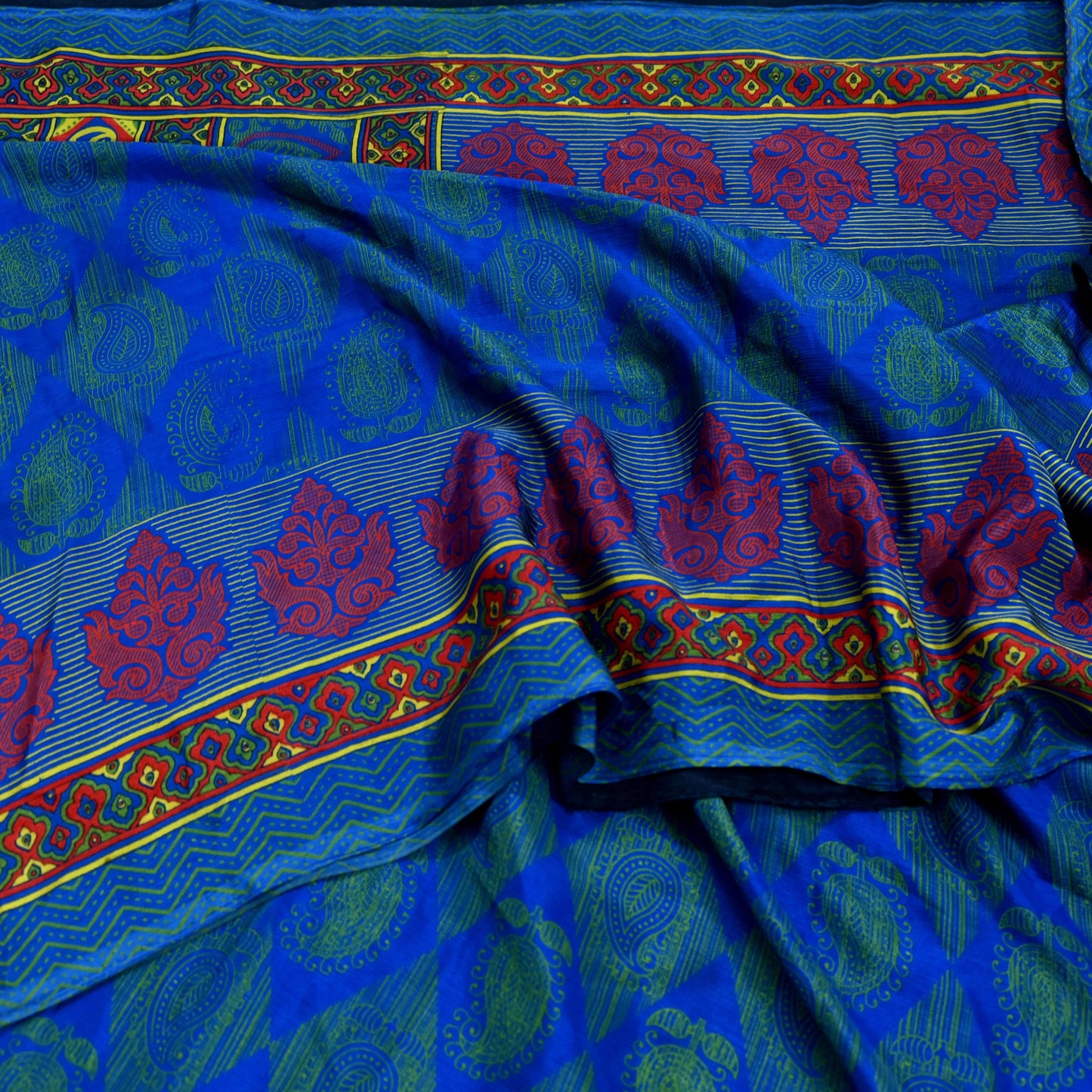 Indian Vintage Blue Saree Moss Crepe Printed Sari 6yd Sewing Paisley Soft Craft Fabric Dressmaking For Crafting Quilting Upcycle Boho