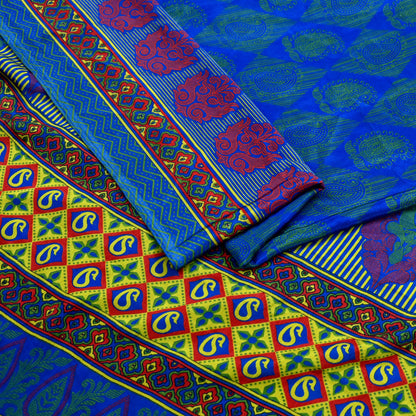 Indian Vintage Blue Saree Moss Crepe Printed Sari 6yd Sewing Paisley Soft Craft Fabric Dressmaking For Crafting Quilting Upcycle Boho