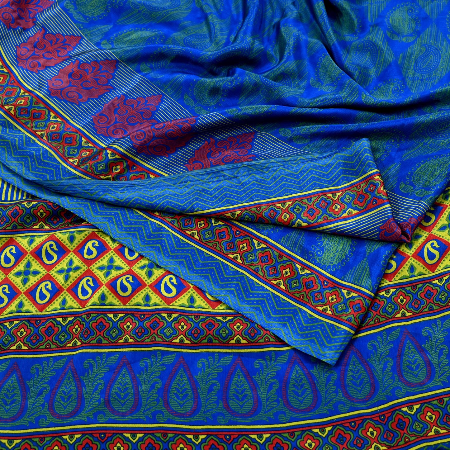 Indian Vintage Blue Saree Moss Crepe Printed Sari 6yd Sewing Paisley Soft Craft Fabric Dressmaking For Crafting Quilting Upcycle Boho