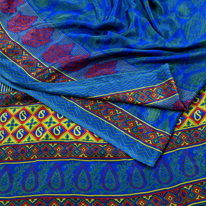 Indian Vintage Blue Saree Moss Crepe Printed Sari 6yd Sewing Paisley Soft Craft Fabric Dressmaking For Crafting Quilting Upcycle Boho