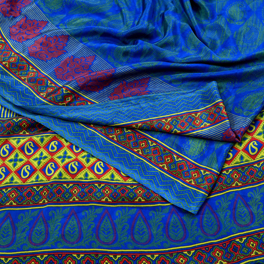 Indian Vintage Blue Saree Moss Crepe Printed Sari 6yd Sewing Paisley Soft Craft Fabric Dressmaking For Crafting Quilting Upcycle Boho