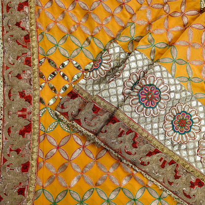 Indian Pre-Owned Heavy Hand Embroidered By Designer Anamika Khanna Dupatta Saffron Pure Georgette Silk  Wedding/Party
