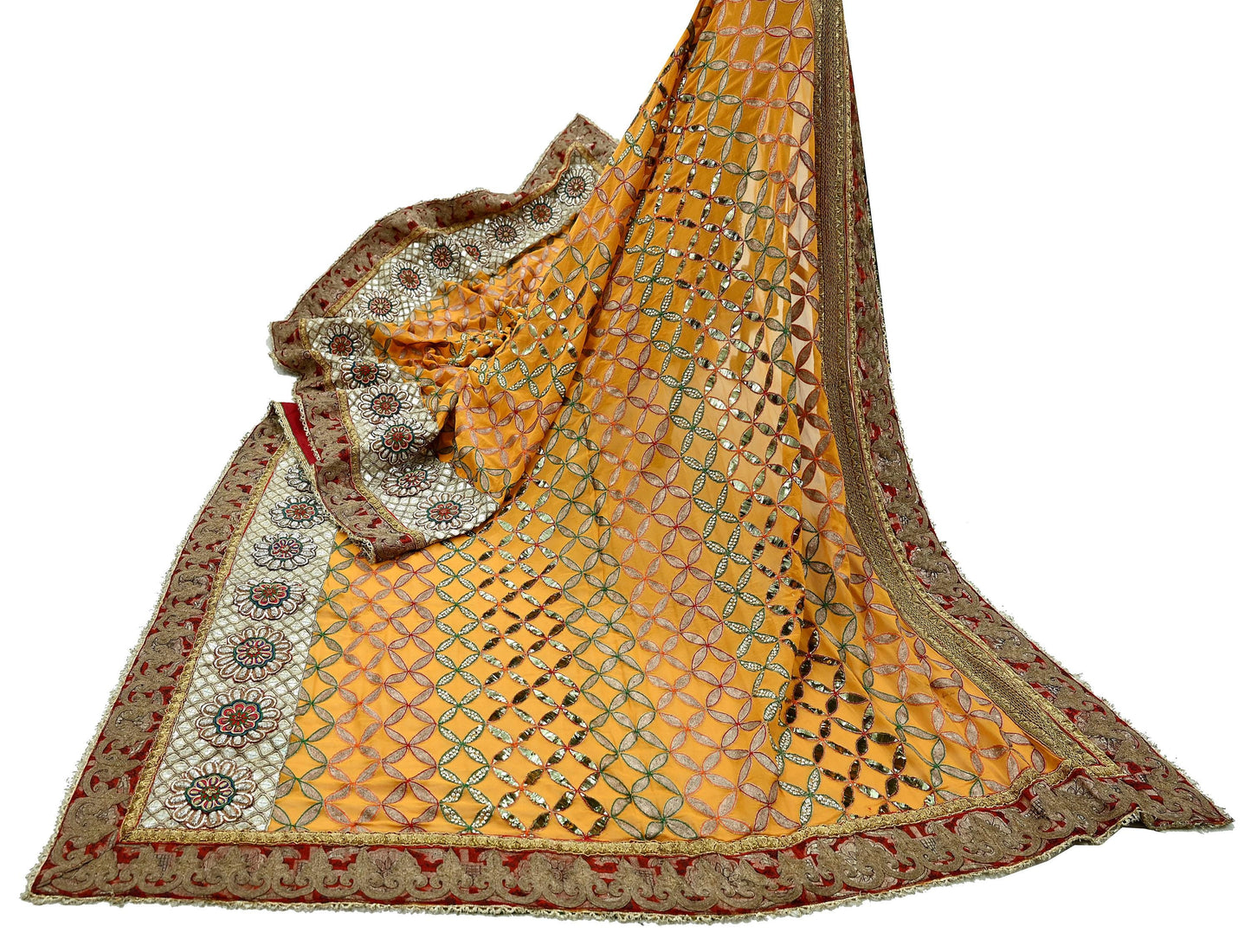Indian Pre-Owned Heavy Hand Embroidered By Designer Anamika Khanna Dupatta Saffron Pure Georgette Silk  Wedding/Party