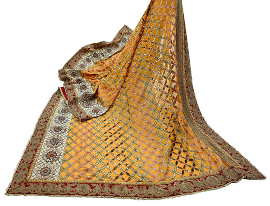 Indian Pre-Owned Heavy Hand Embroidered By Designer Anamika Khanna Dupatta Saffron Pure Georgette Silk  Wedding/Party