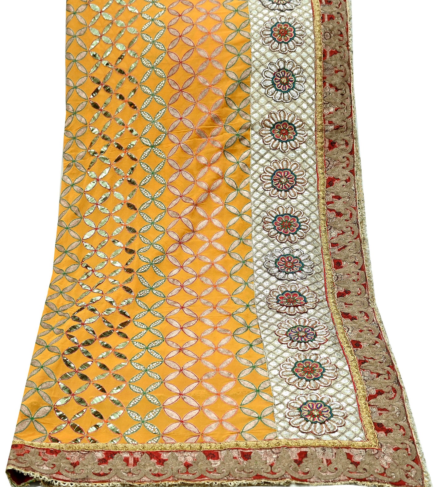 Indian Pre-Owned Heavy Hand Embroidered By Designer Anamika Khanna Dupatta Saffron Pure Georgette Silk  Wedding/Party
