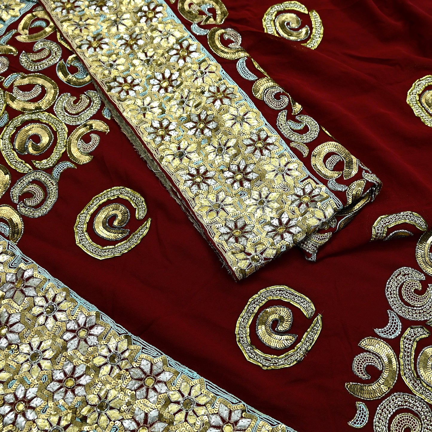 Indian Vintage Heavy Sari Maroon Pure Georgette Silk Hand Beaded Sarees Craft Fabric 5Yd Sewing Soft Ethnic Wedding Sarees Dress making