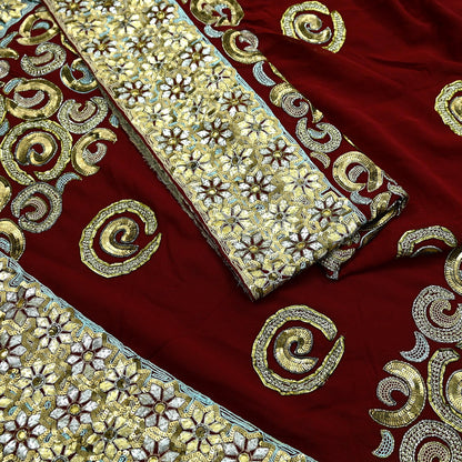 Indian Vintage Heavy Sari Maroon Pure Georgette Silk Hand Beaded Sarees Craft Fabric 5Yd Sewing Soft Ethnic Wedding Sarees Dress making