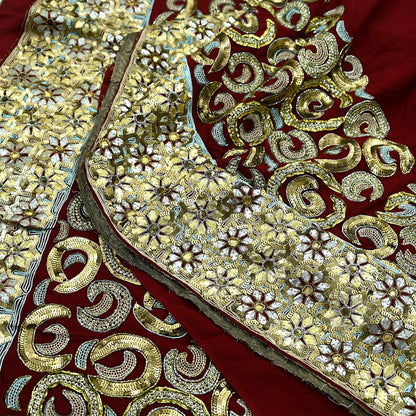 Indian Vintage Heavy Sari Maroon Pure Georgette Silk Hand Beaded Sarees Craft Fabric 5Yd Sewing Soft Ethnic Wedding Sarees Dress making