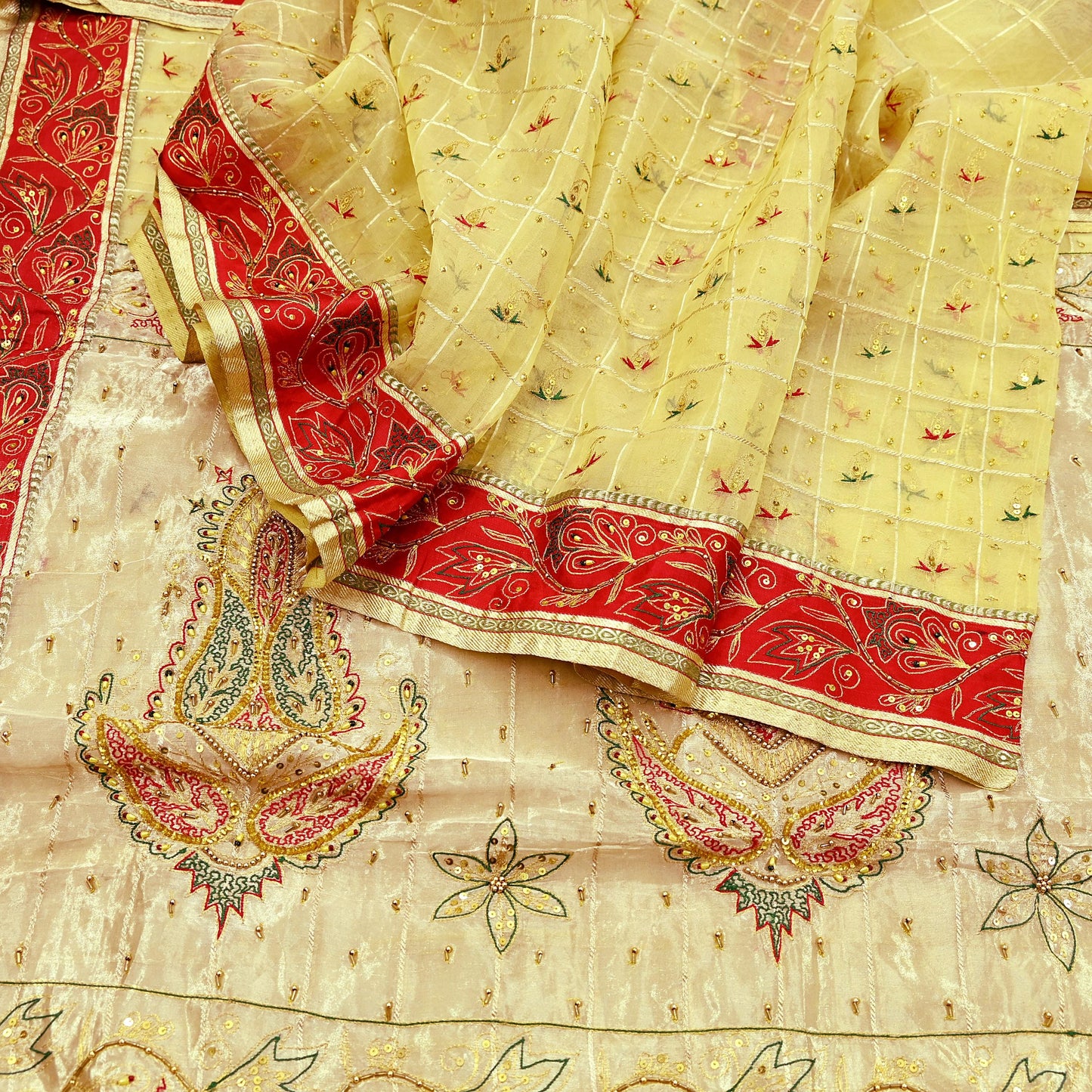 Indian Vintage Sari Yellow Hand Embroidered Saree Pure Organza Silk Craft Fabric 5Yd Ethnic Dress Making Crafting Quilting Zardozi