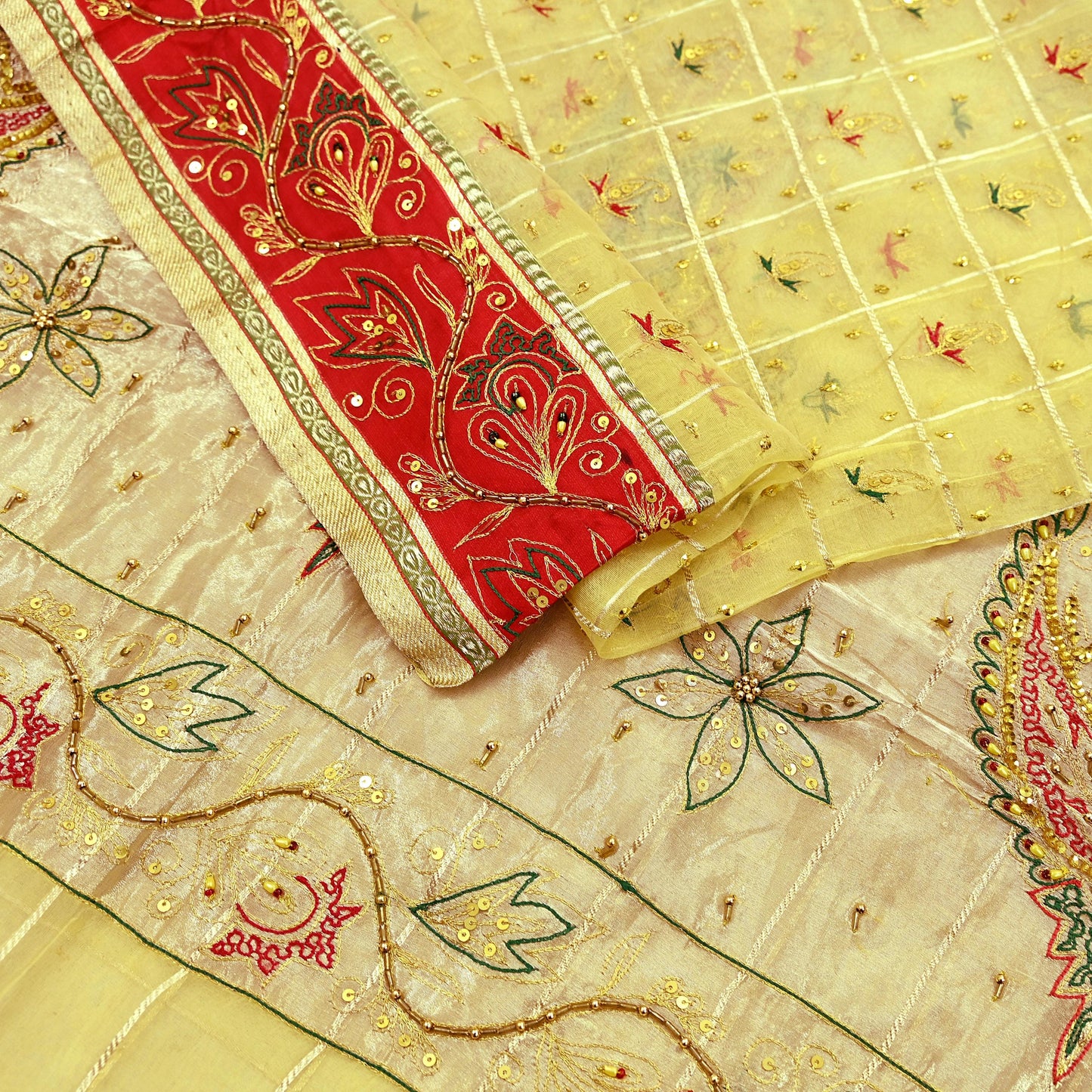 Indian Vintage Sari Yellow Hand Embroidered Saree Pure Organza Silk Craft Fabric 5Yd Ethnic Dress Making Crafting Quilting Zardozi