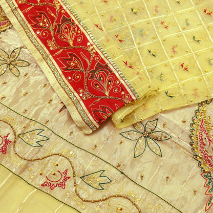 Indian Vintage Sari Yellow Hand Embroidered Saree Pure Organza Silk Craft Fabric 5Yd Ethnic Dress Making Crafting Quilting Zardozi