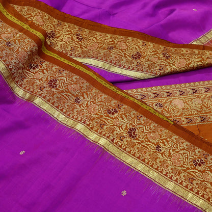 Indian Vintage Heavy Saffron & Purple Kanjivaram Saree 100% Pure Silk Sari Zari 5Yd Floral Crafting Dress making Crafting Quilting