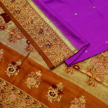 Indian Vintage Heavy Saffron & Purple Kanjivaram Saree 100% Pure Silk Sari Zari 5Yd Floral Crafting Dress making Crafting Quilting
