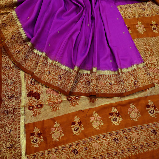Indian Vintage Heavy Saffron & Purple Kanjivaram Saree 100% Pure Silk Sari Zari 5Yd Floral Crafting Dress making Crafting Quilting