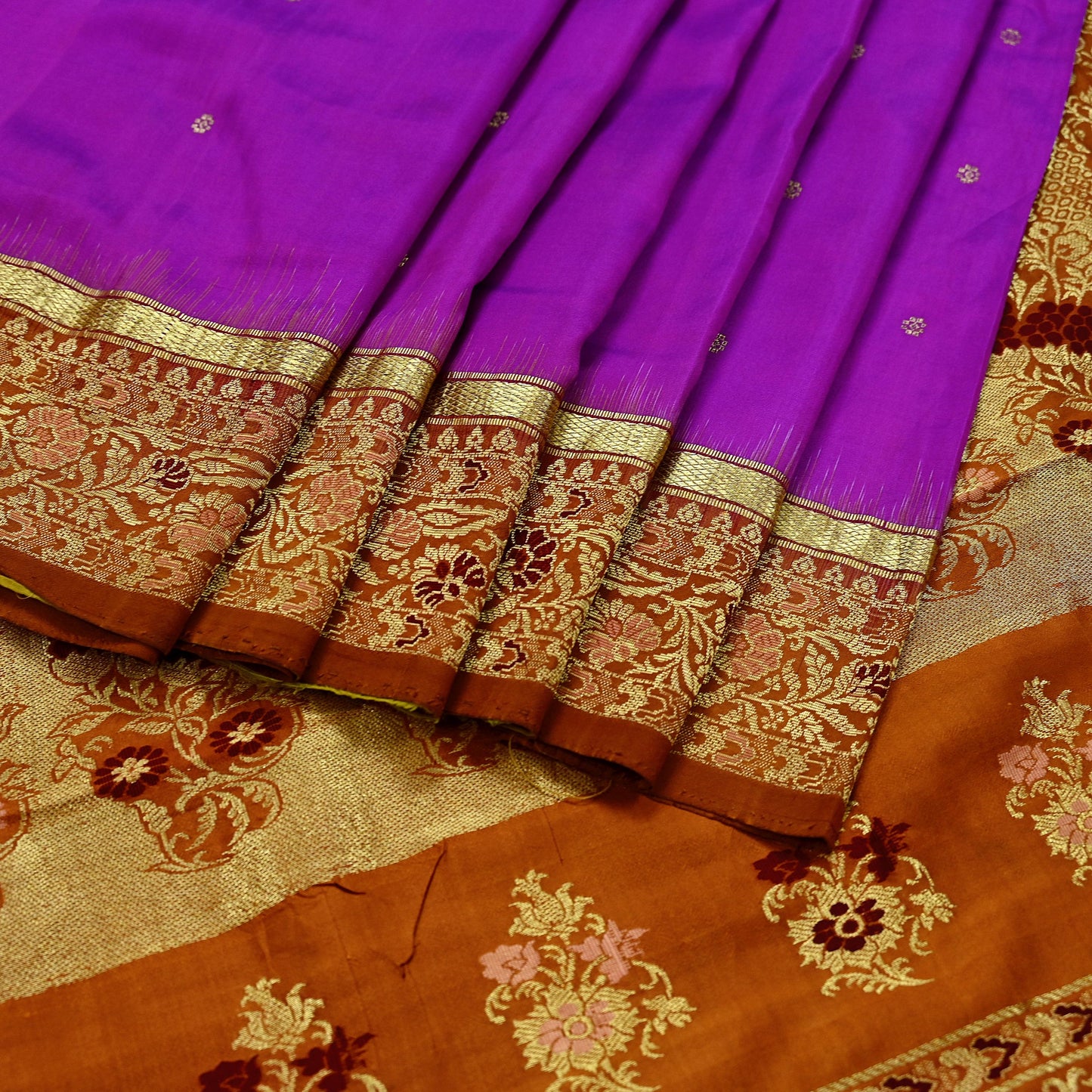 Indian Vintage Heavy Saffron & Purple Kanjivaram Saree 100% Pure Silk Sari Zari 5Yd Floral Crafting Dress making Crafting Quilting