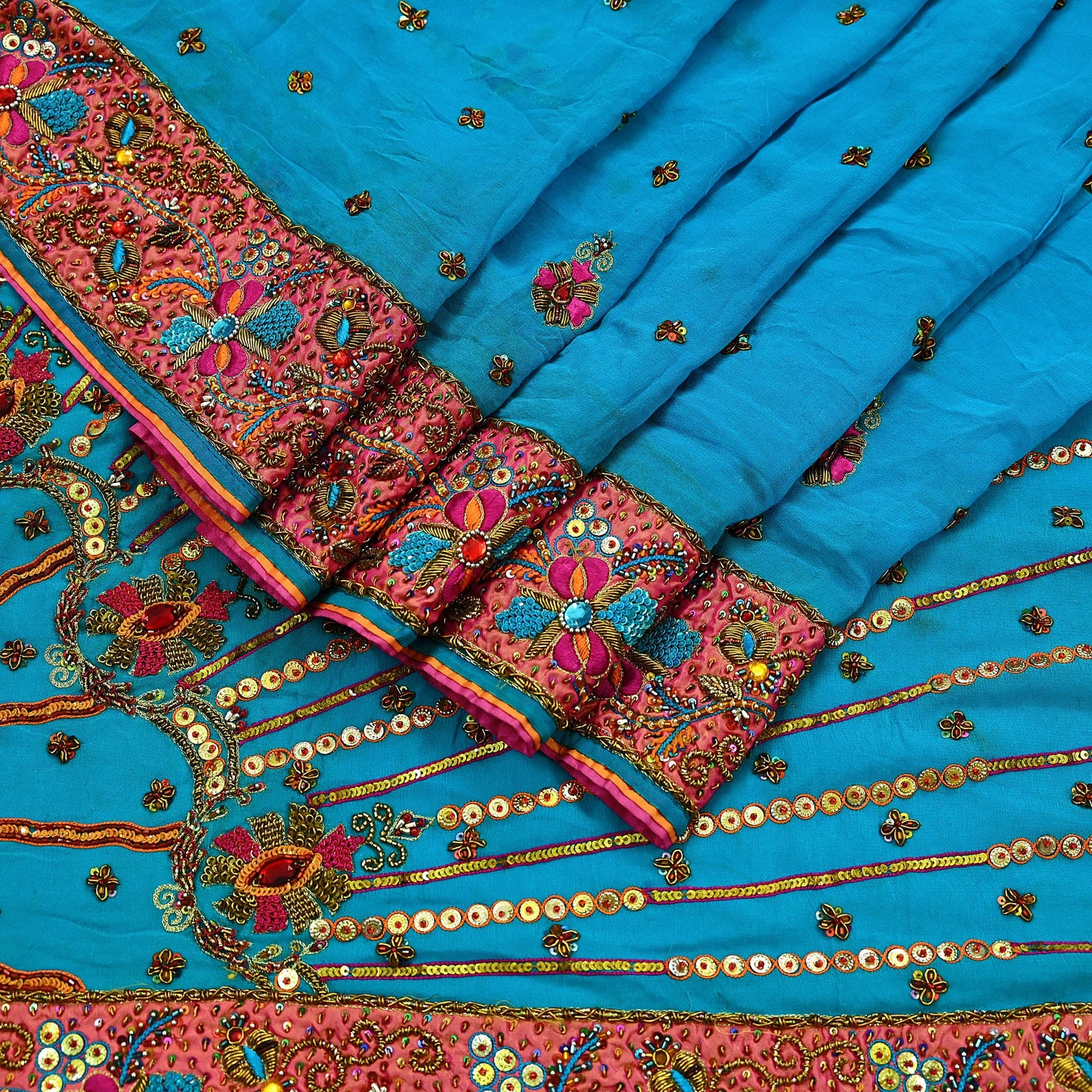 Indian Vintage Heavy Sarees Blue Pure Georgette Silk Hand Embroidered Sari Fabric 5Yd Sewing Ethnic Zardozi/dabka zari Wedding sarees
