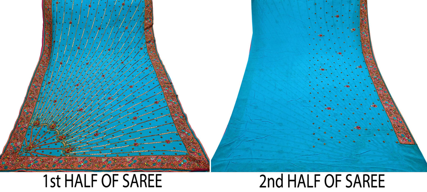 Indian Vintage Heavy Sarees Blue Pure Georgette Silk Hand Embroidered Sari Fabric 5Yd Sewing Ethnic Zardozi/dabka zari Wedding sarees