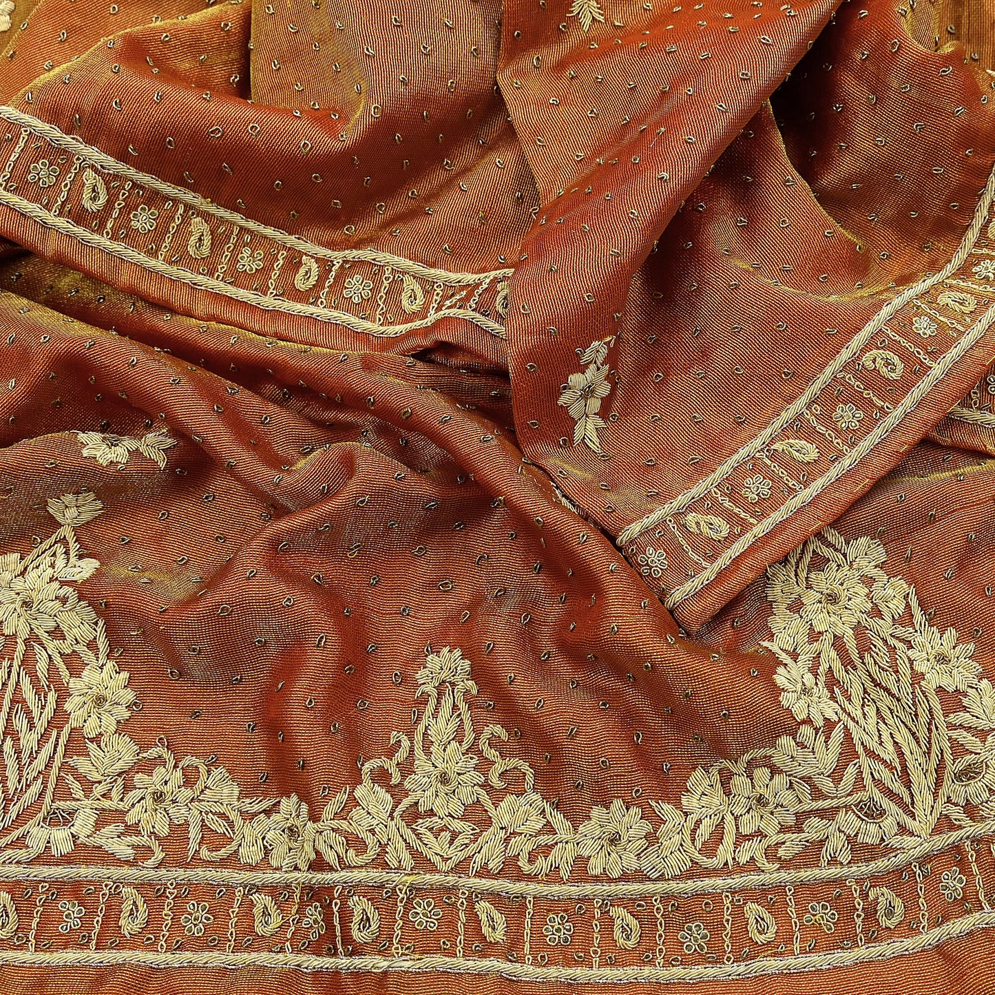 Indian Vintage Heavy Golden Dupatta Pure Tissue Silk Long Stole Hand Embroidered Scarves Zari Zardozi/Dabka