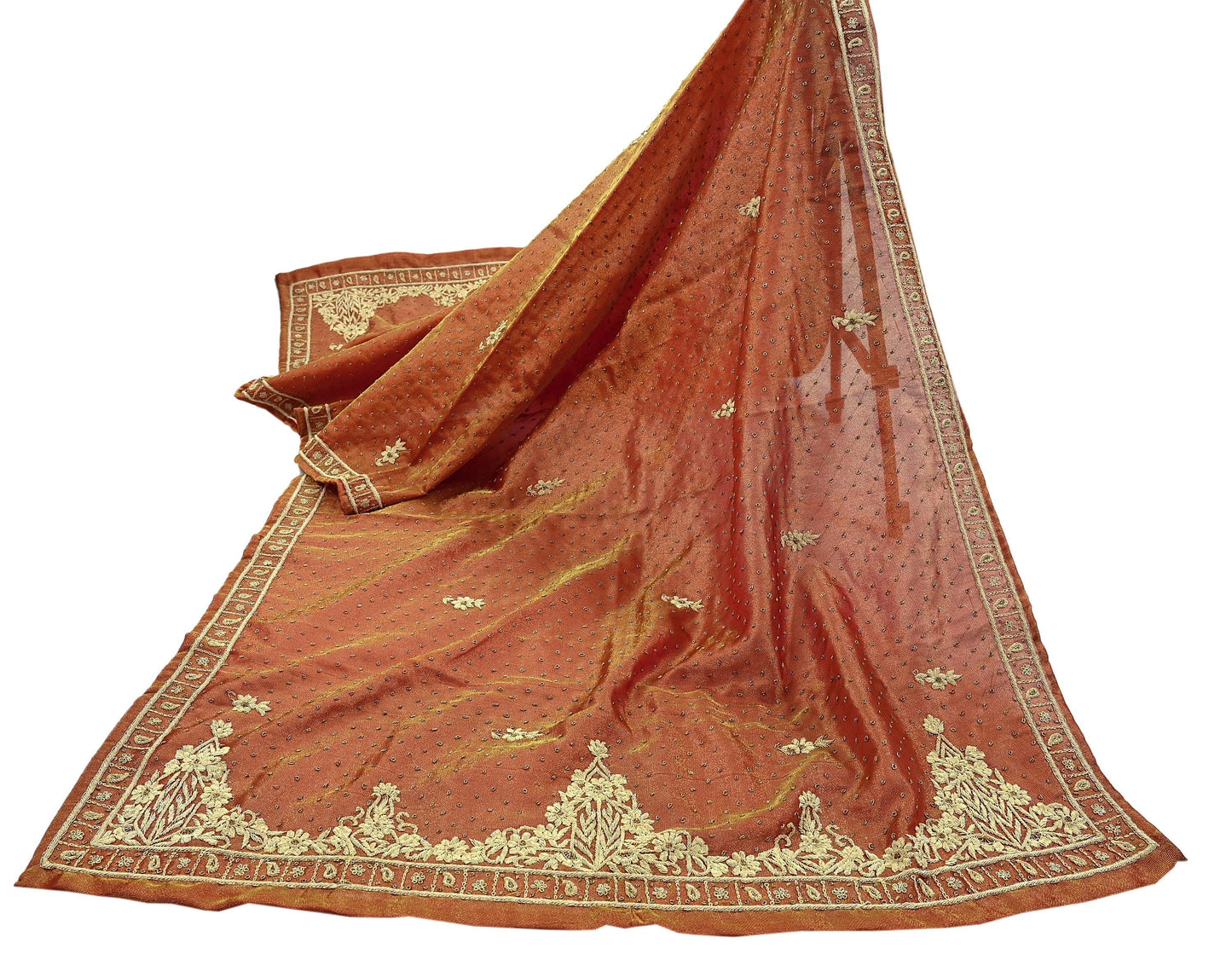 Indian Vintage Heavy Golden Dupatta Pure Tissue Silk Long Stole Hand Embroidered Scarves Zari Zardozi/Dabka