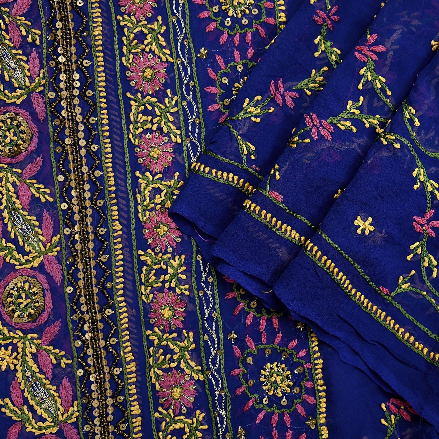 Indian Vintage Heavy Blue Dupatta Pure Georgette silk Long Stole Hand Embroidered Chikankari Stole Scarf Scarves Veil