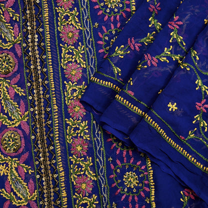 Indian Vintage Heavy Blue Dupatta Pure Georgette silk Long Stole Hand Embroidered Chikankari Stole Scarf Scarves Veil
