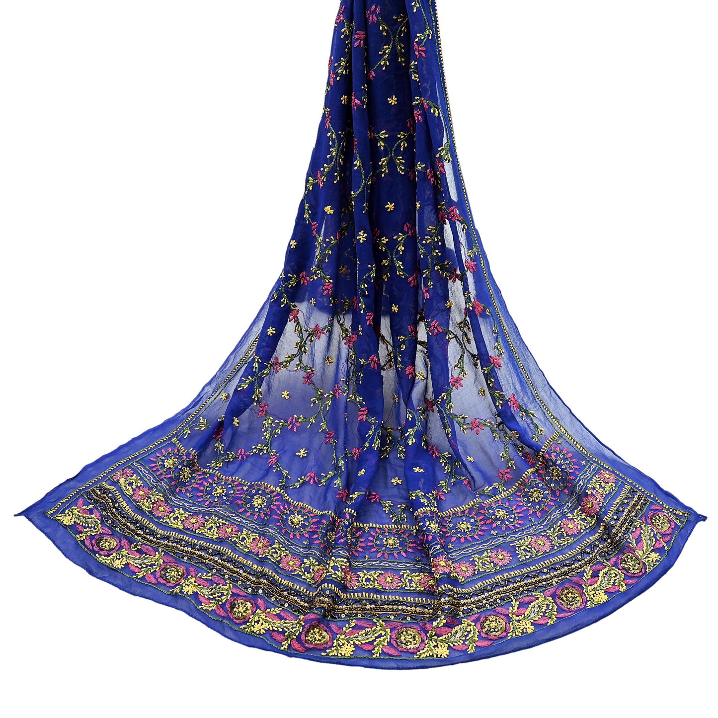 Indian Vintage Heavy Blue Dupatta Pure Georgette silk Long Stole Hand Embroidered Chikankari Stole Scarf Scarves Veil