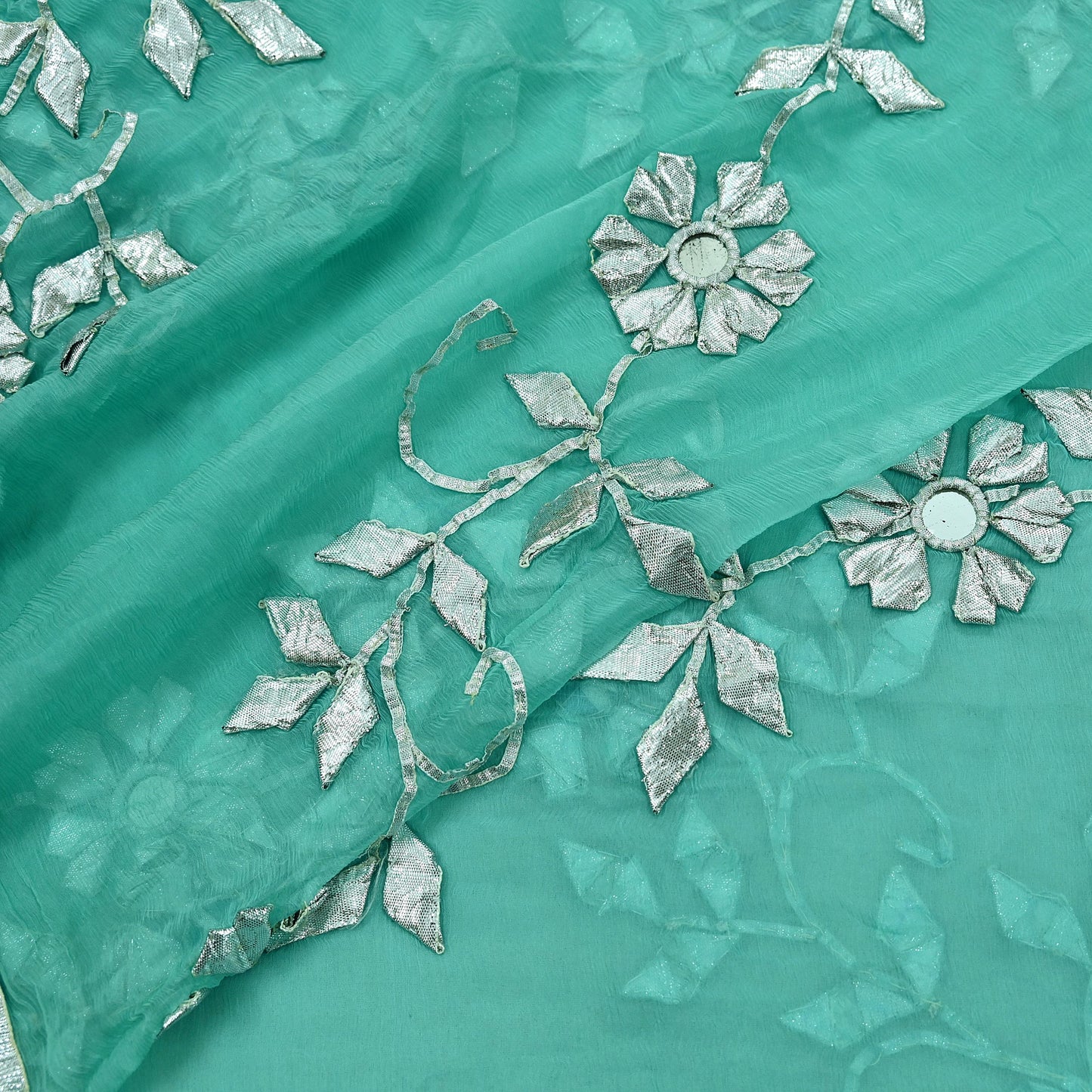 Indian Vintage Heavy Green Dupatta Pure Chiffon silk Long Stole Hand Embroidered Scarves Floral Design Stole Veil Wrap Gota patti Mirror