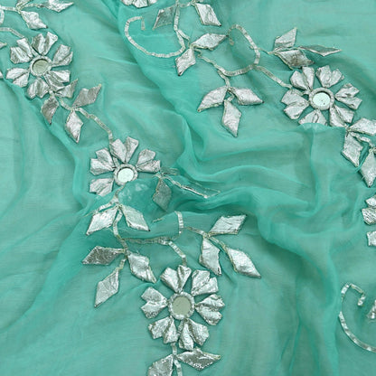 Indian Vintage Heavy Green Dupatta Pure Chiffon silk Long Stole Hand Embroidered Scarves Floral Design Stole Veil Wrap Gota patti Mirror