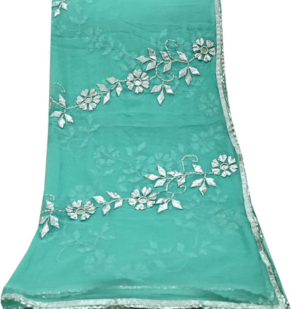 Indian Vintage Heavy Green Dupatta Pure Chiffon silk Long Stole Hand Embroidered Scarves Floral Design Stole Veil Wrap Gota patti Mirror