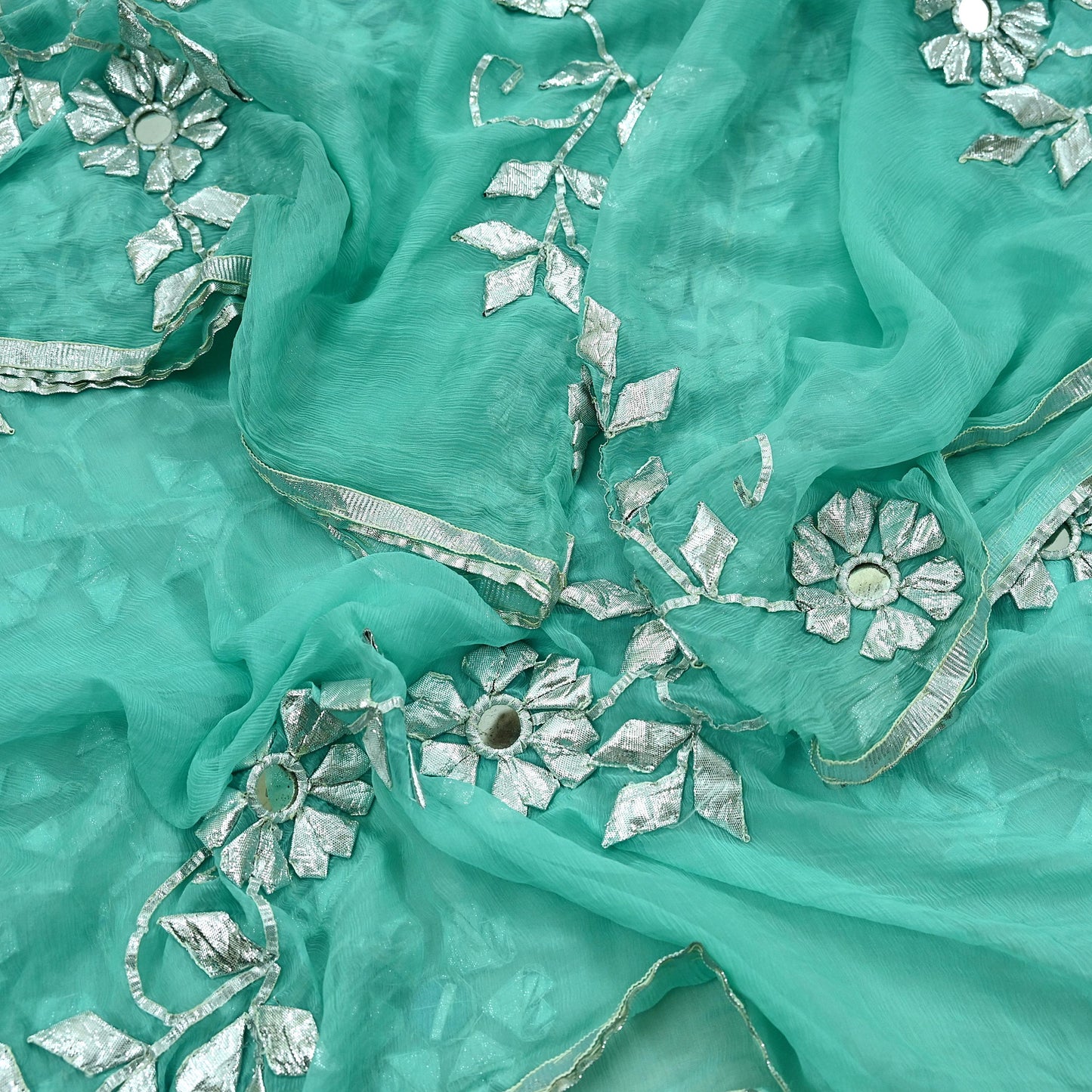 Indian Vintage Heavy Green Dupatta Pure Chiffon silk Long Stole Hand Embroidered Scarves Floral Design Stole Veil Wrap Gota patti Mirror