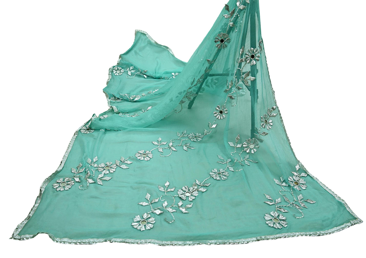 Indian Vintage Heavy Green Dupatta Pure Chiffon silk Long Stole Hand Embroidered Scarves Floral Design Stole Veil Wrap Gota patti Mirror
