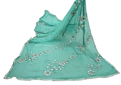 Indian Vintage Heavy Green Dupatta Pure Chiffon silk Long Stole Hand Embroidered Scarves Floral Design Stole Veil Wrap Gota patti Mirror