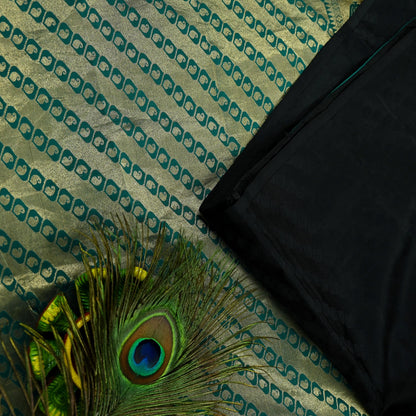 Indian Vintage Sari Black & Green Pure Silk Hand Woven Sarees Craft Fabric 5Yd Ethnic Dress Making Crafting Upcycle Quilting Zari Border