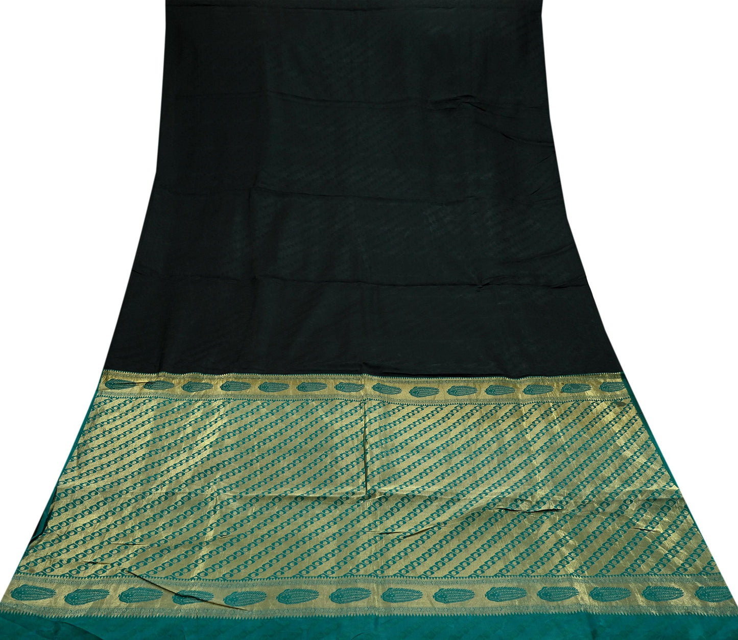 Indian Vintage Sari Black & Green Pure Silk Hand Woven Sarees Craft Fabric 5Yd Ethnic Dress Making Crafting Upcycle Quilting Zari Border