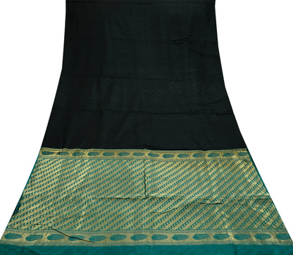 Indian Vintage Sari Black & Green Pure Silk Hand Woven Sarees Craft Fabric 5Yd Ethnic Dress Making Crafting Upcycle Quilting Zari Border
