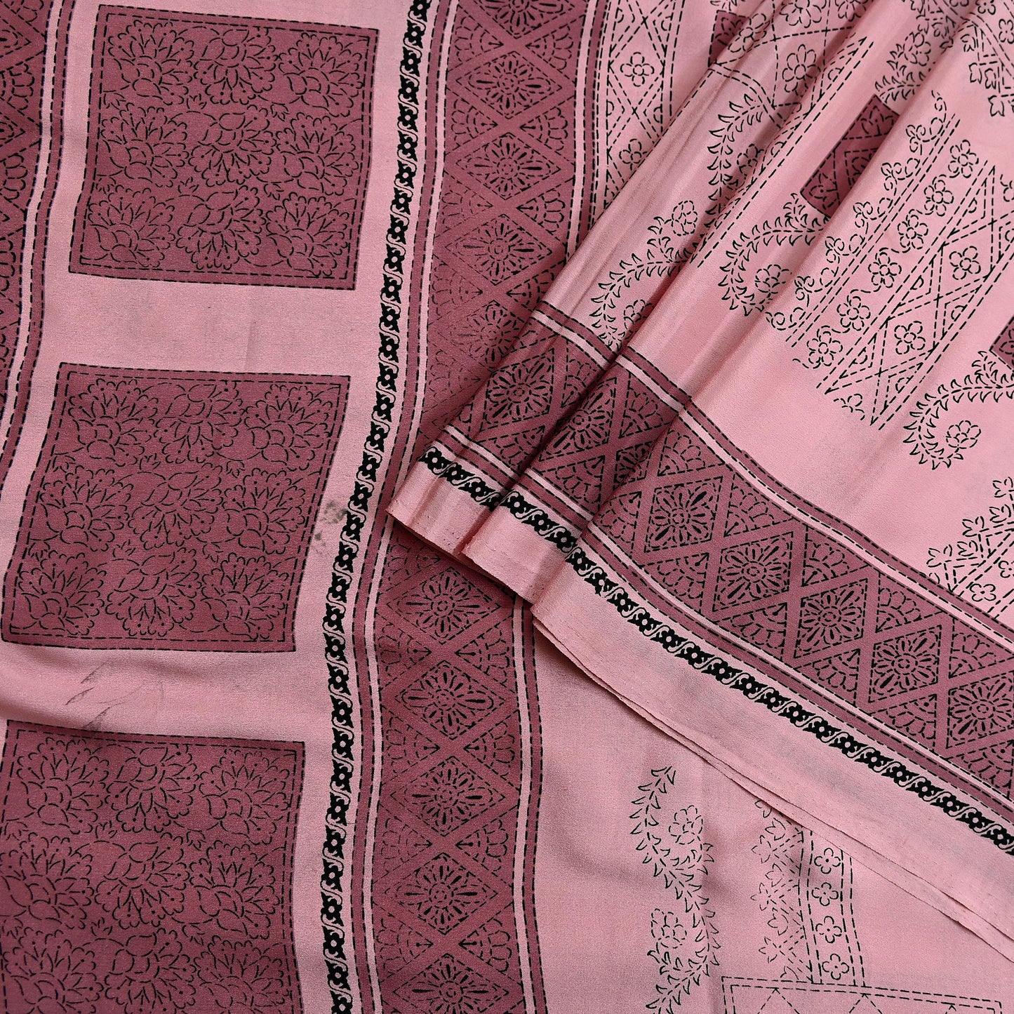 Indian Vintage Sari Pink Moss Crepe Printed Sarees 5yd Craft Fabric Sewing Floral Soft Dress making Quilting Crafting Upcycle Used