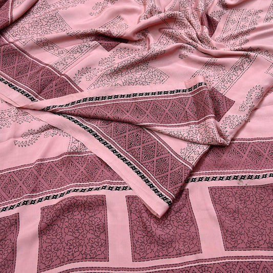 Indian Vintage Sari Pink Moss Crepe Printed Sarees 5yd Craft Fabric Sewing Floral Soft Dress making Quilting Crafting Upcycle Used