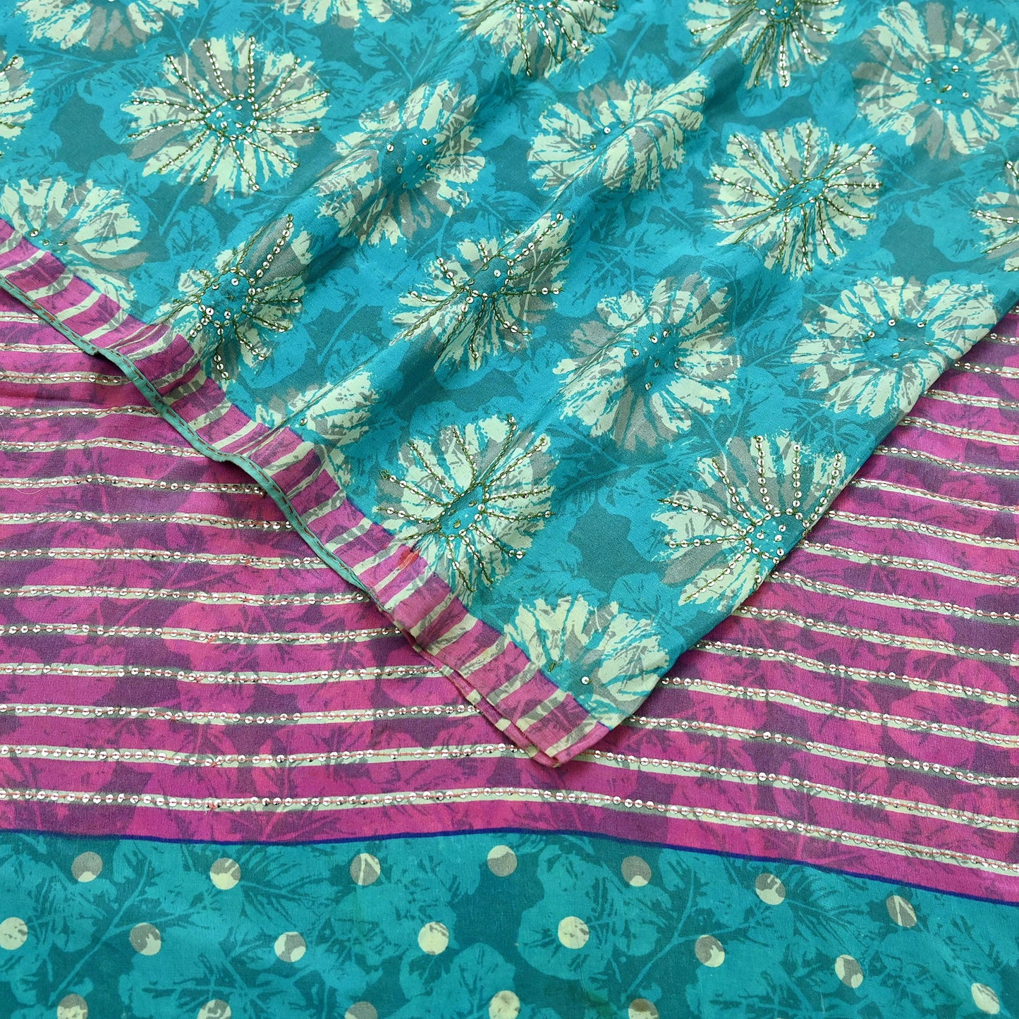 Indian Vintage Sari Green & Pink Pure Crepe Silk Hand Embroidered Saree 5yd Sewing Floral Craft Sequins Dress making Crafting Quilting