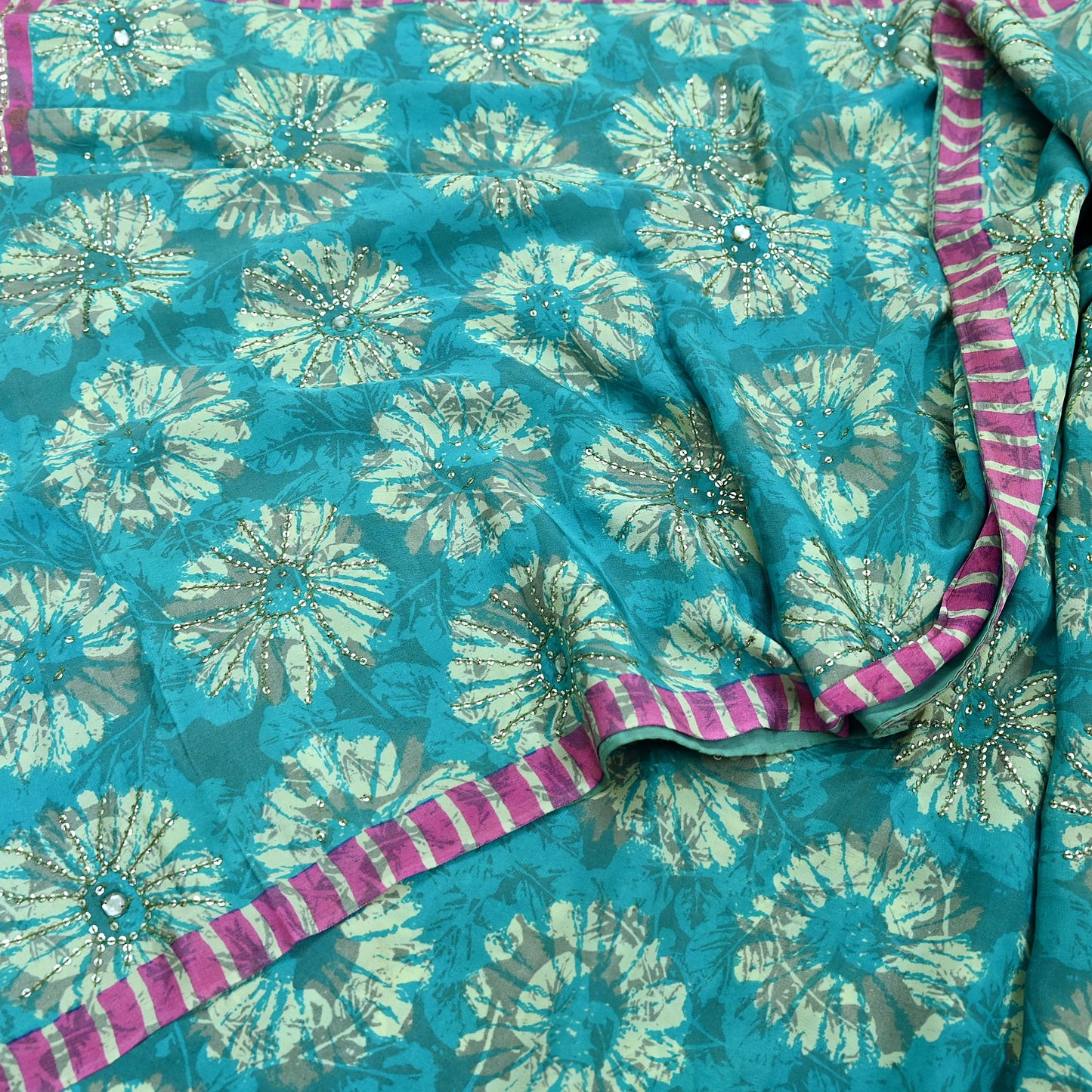 Indian Vintage Sari Green & Pink Pure Crepe Silk Hand Embroidered Saree 5yd Sewing Floral Craft Sequins Dress making Crafting Quilting