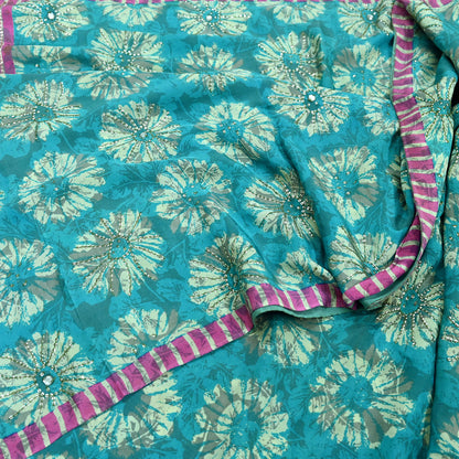 Indian Vintage Sari Green & Pink Pure Crepe Silk Hand Embroidered Saree 5yd Sewing Floral Craft Sequins Dress making Crafting Quilting