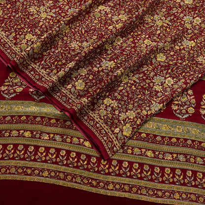 Indian Vintage Maroon Saree Pure Crepe Silk Printed Sari 5yd Sewing Floral Soft Craft Fabric Ethnic Wrap Dress making For Crafting Quilting