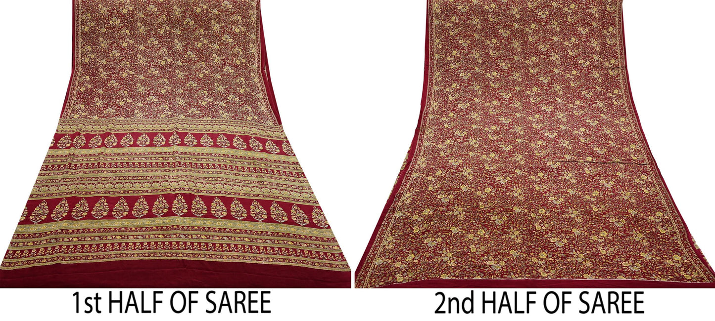 Indian Vintage Maroon Saree Pure Crepe Silk Printed Sari 5yd Sewing Floral Soft Craft Fabric Ethnic Wrap Dress making For Crafting Quilting
