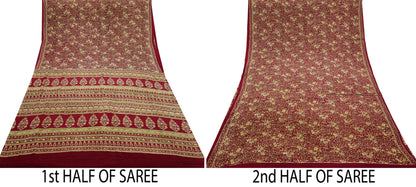 Indian Vintage Maroon Saree Pure Crepe Silk Printed Sari 5yd Sewing Floral Soft Craft Fabric Ethnic Wrap Dress making For Crafting Quilting