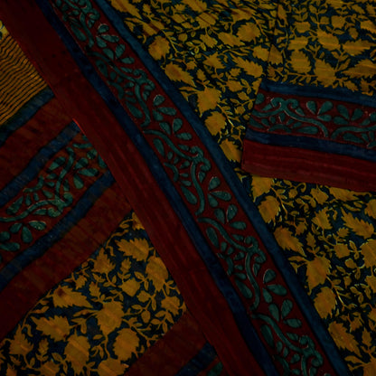 Indian Vintage Sari Green & Maroon Pure Georgette Silk Printed Sarees 5Yd Craft Fabric Sewing Soft Dress Making Floral Quilting Used Upcycle