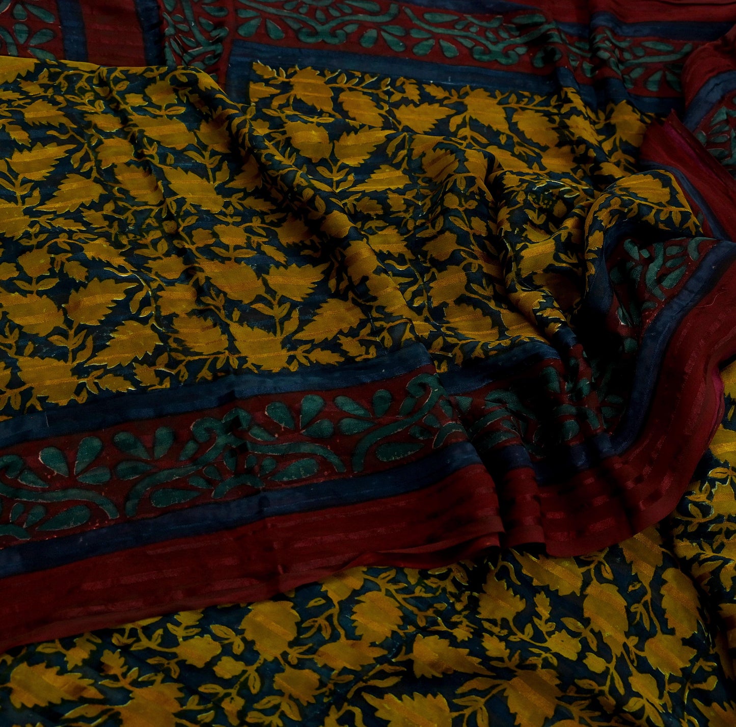 Indian Vintage Sari Green & Maroon Pure Georgette Silk Printed Sarees 5Yd Craft Fabric Sewing Soft Dress Making Floral Quilting Used Upcycle