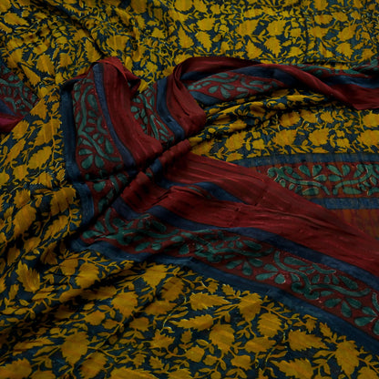 Indian Vintage Sari Green & Maroon Pure Georgette Silk Printed Sarees 5Yd Craft Fabric Sewing Soft Dress Making Floral Quilting Used Upcycle